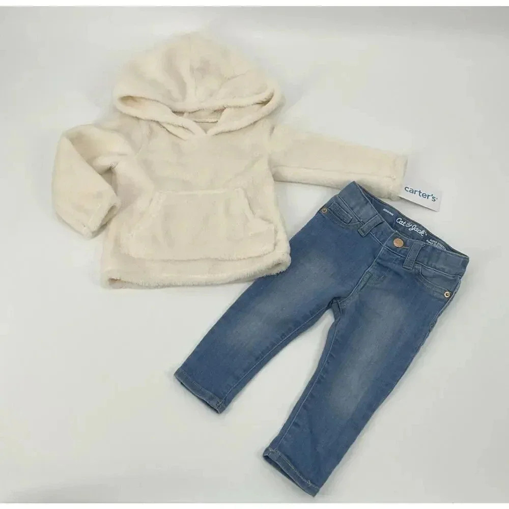 Girls 12 Month Outfit Sweatshirt Jeans Fluffy Cream Hoodie Jean Jeggings Set